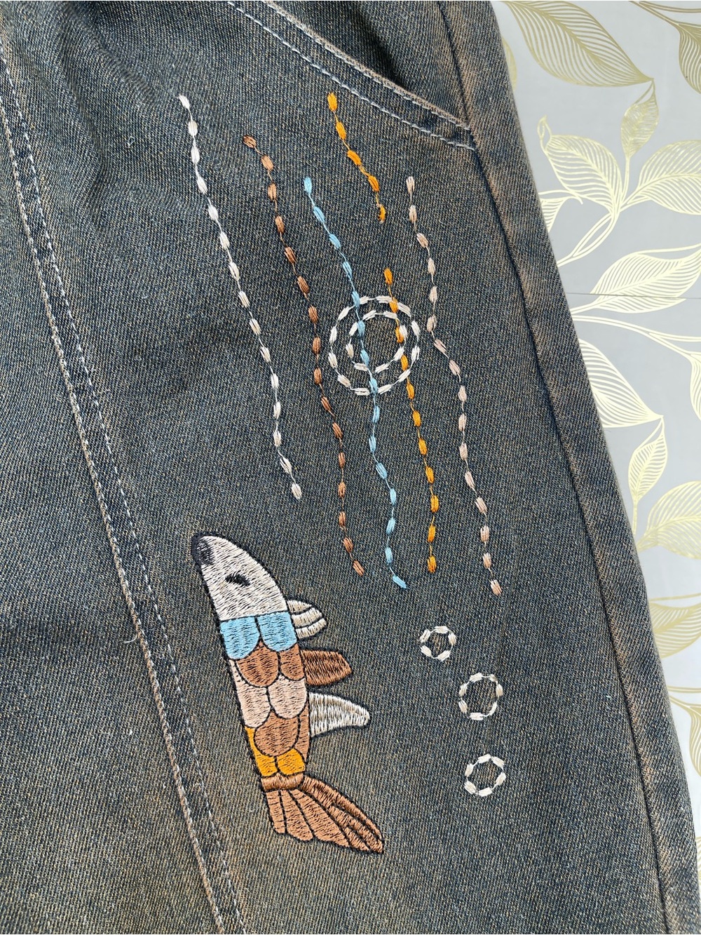 Bohemian Cat Fish Embroidery Linen Jogger Pants Antique Brown Small S - Picture 6 of 7